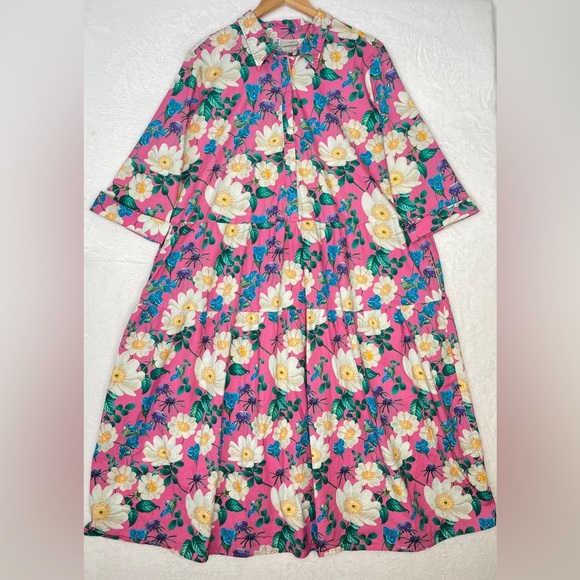 Von Landen Ulla Popken Pink Floral Tiered Midi US sz 20/22 Feminine Preppy Euro - Picture 3 of 9